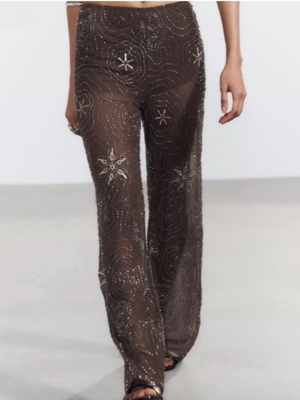 ZARA Brown Sheer Mesh Sequin Beaded Pants NWT